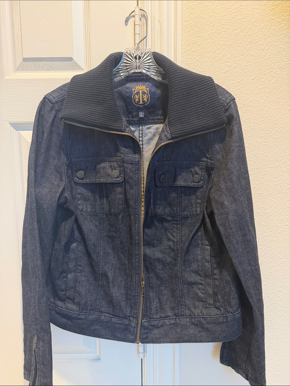 Talbots Dark Blue Denim Zip Jacket with Ribbed Collar